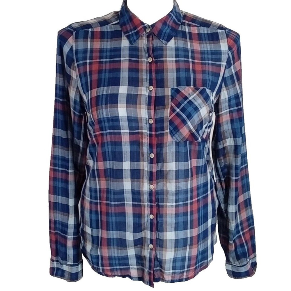 Maurices Large Shirt Blue Rust Brown Plaid Front‎ Pocket Long Sl Button Down Top
